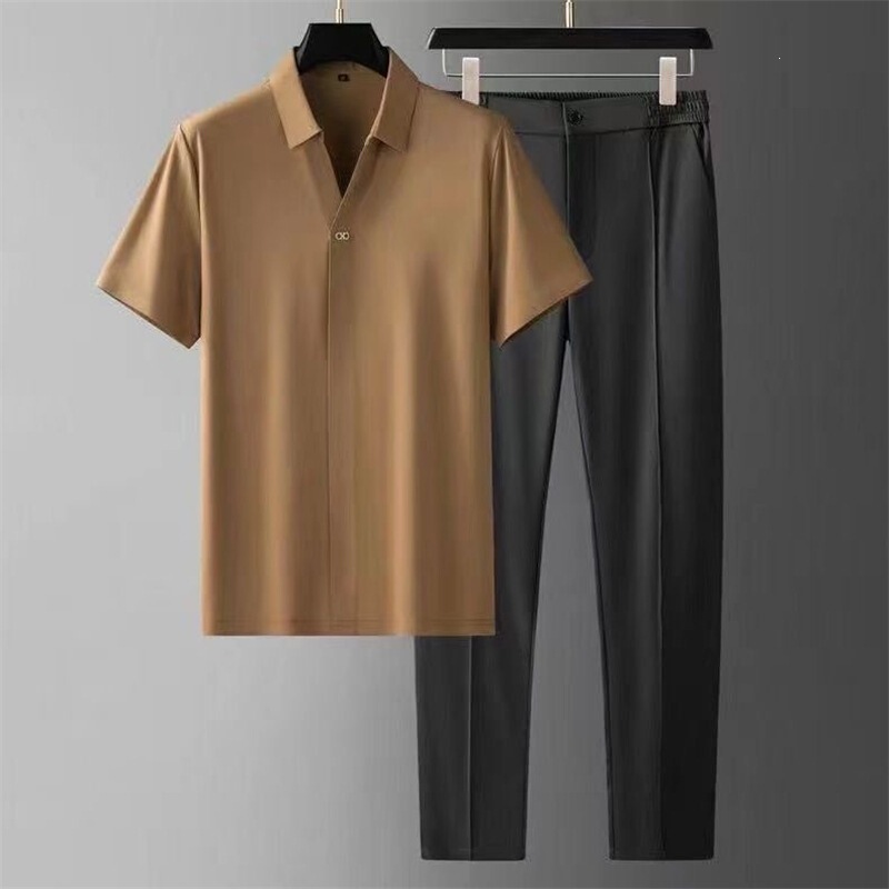 Summer Silky Ice Silk Seamless Glued Short-Sleeved Shirt Suit Men's Business Casual Sports Two-Piece Set Summer Silky Ice Silk Seamless Glued Short-Sleeved Shirt Suit Men's Business Casual Sports Two-Piece Set