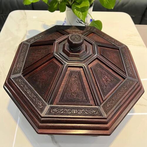 Rosewood carved movable octagonal fruit plate, mahogany plain melon and fruit snack plate, nine-compartment snack box, home crafts
