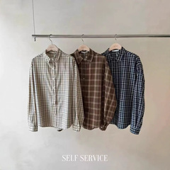 现h 韩国东大门self service同款2025秋款拼色格纹翻领长袖衬衫女