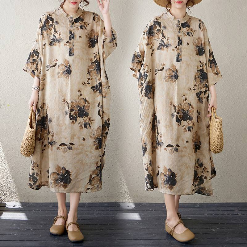 2026 Summer New Style Artistic Retro Cotton and Linen Printed Stand Collar Loose Oversized Vacation Dress