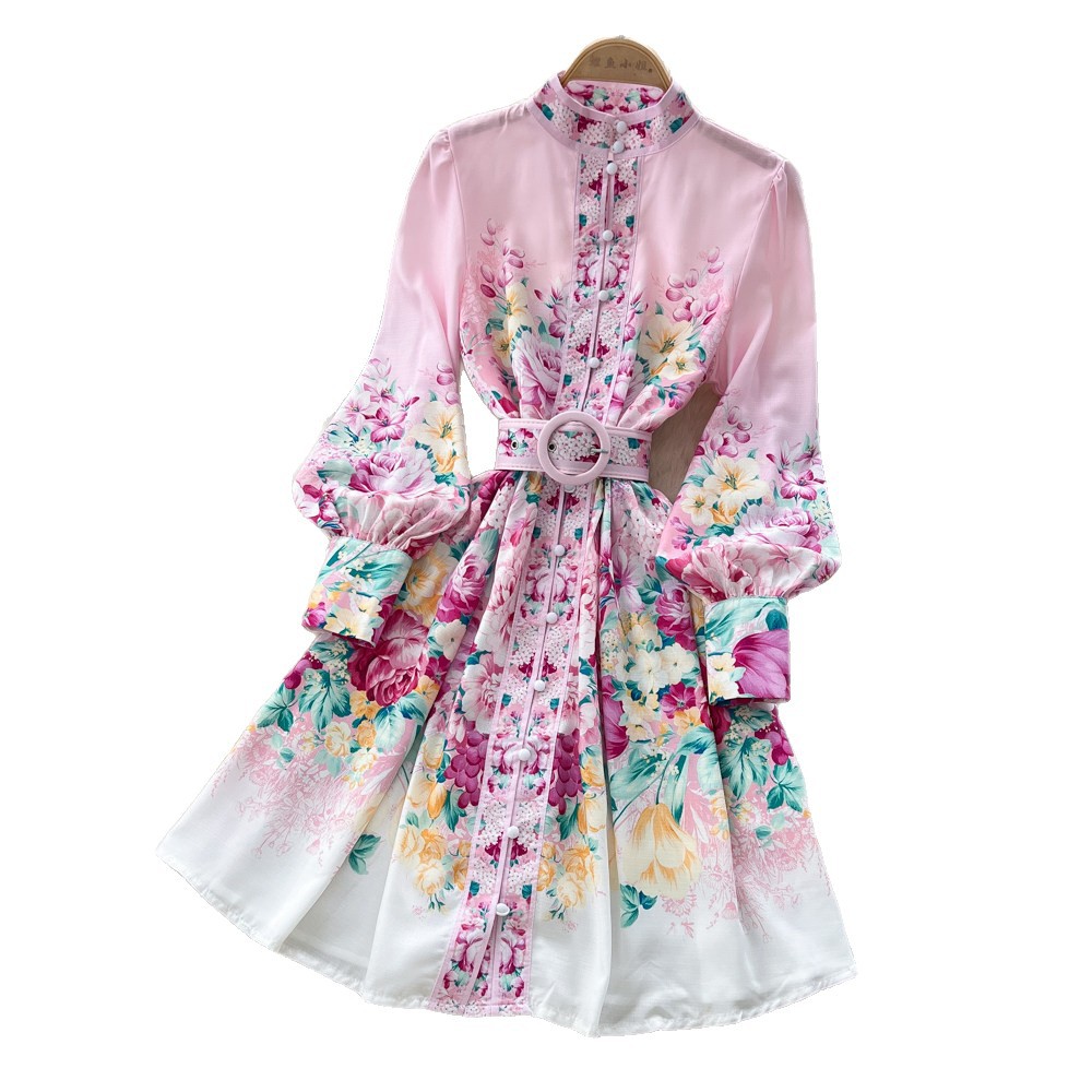 Elegant Stand Collar Lantern Sleeve Printed Dress for Women Autumn Youthful And Flattering a Line Skirt with a Belt_ecoleips.com