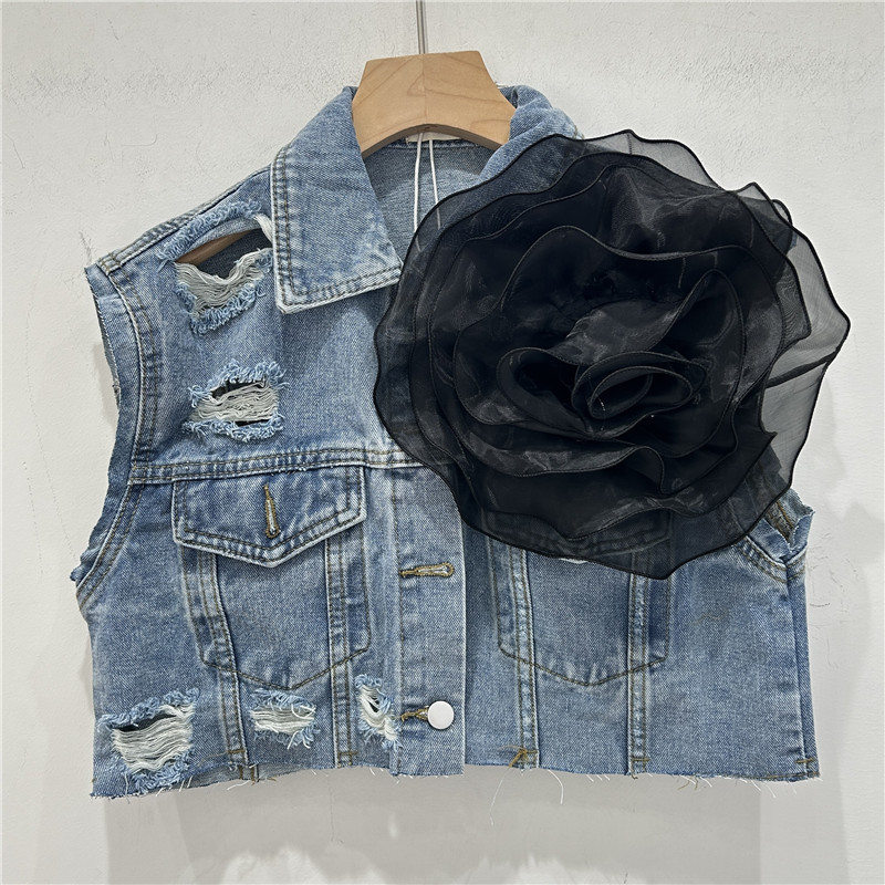 Personalidad europea agujero de bordes de lana chaqueta de vaquero chaqueta de mujer con flores tridimensionales 2024 nuevo clip de caballo corto