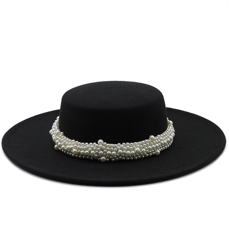New pearl chain white flattop woolen hat autumn and winter fashion big brim top hatpicture5