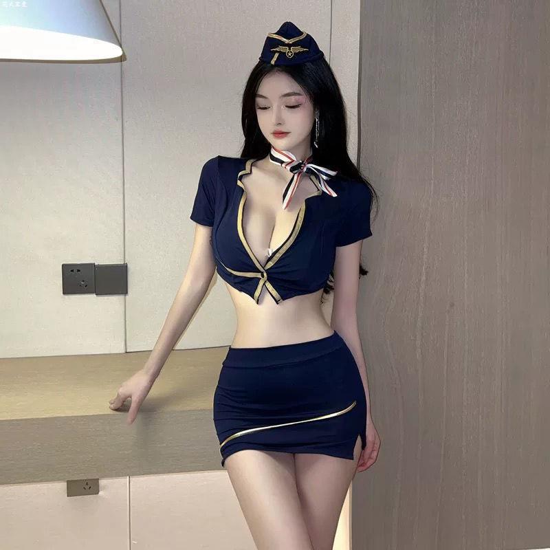 性感辣妹角色扮演V领显胸上衣+包臀裙KTV酒吧空姐制服套装