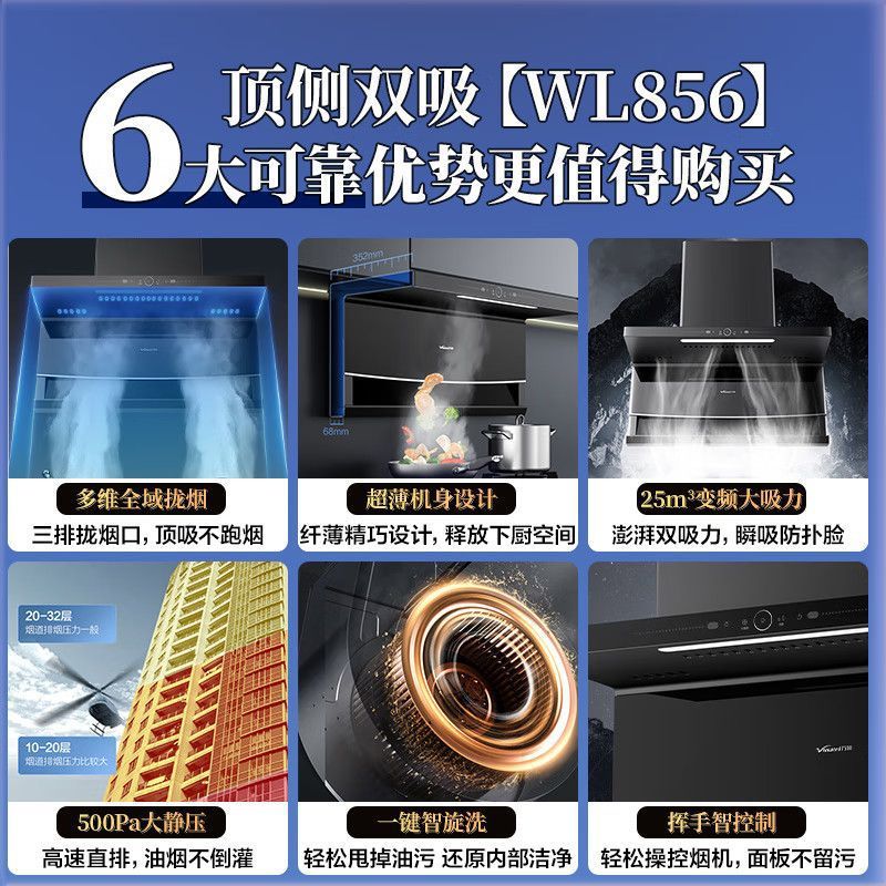 万和油烟机WL856家用变频25立方顶侧双吸油烟机自动清洗挥手控制|undefined