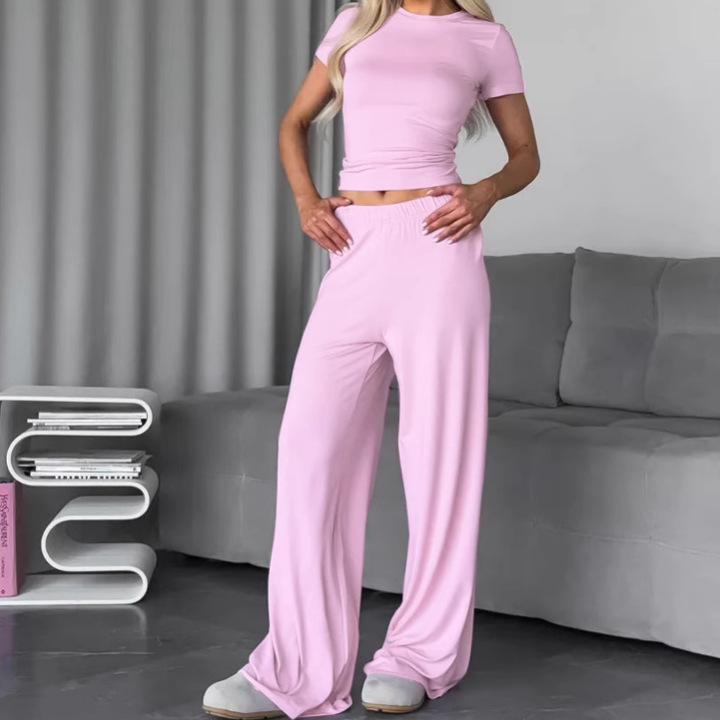 2026 European and American Summer New Style Pink Milk Silk Short-Sleeved Long Pants Pajama Set Cross-Border Wholesale Women's Loungewear 2026 European and American Summer New Style Pink Milk Silk Short-Sleeved Long Pants Pajama Set Cross-Border Wholesale Women's Loungewear