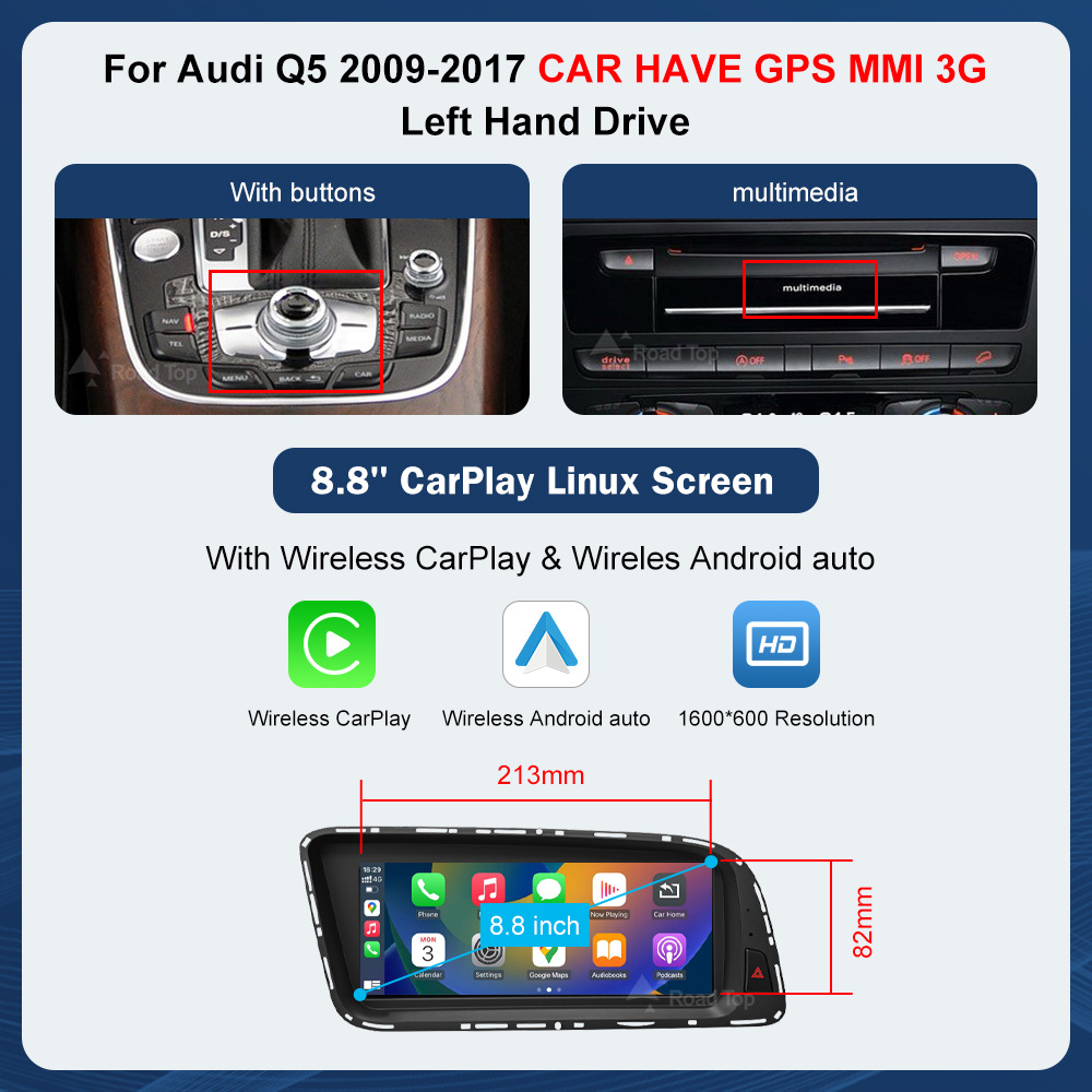 8.8 inch wireless CarPlay display for Q5 2009-2017 radio player