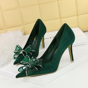 516-H38 Banquet High Heels Slim Heels Women's Shoes Suede Shallow Mouth Pointed Lace Diamond Bow High Heel Single S