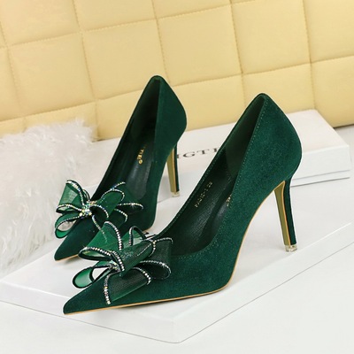 516-H38 Banquet High Heels Slim Heels Women&apos;s Shoes Suede Shallow Mouth Pointed Lace Diamond Bow High Heel Single S