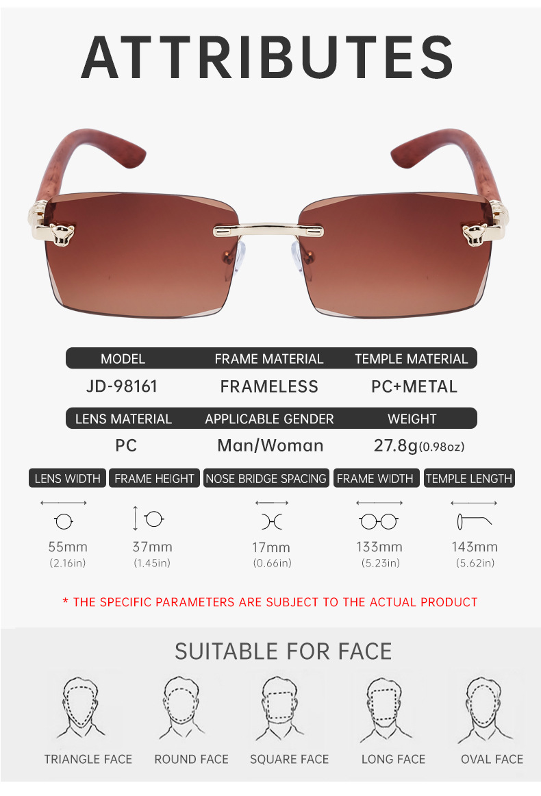 2024 Neue europäische und amerikanische rahmenlose Retro-Sonnenbrille für Herren mit Spiegelbeinen aus Holzmaserung und Sonnenbrille für Herren_voghion.com