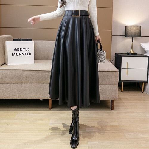 Coffee color leather skirt, new high-waisted pleated skirt, women's spring and autumn mid-long hip long dress
