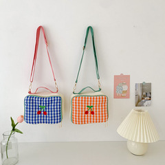 2022 New Korean Version Instagram Children's Bag with Checkered Cherry for Boys and Girls, Single Shoulder Crossbody Bag for Travel, Makeup and Cosmetics Storage Bag
