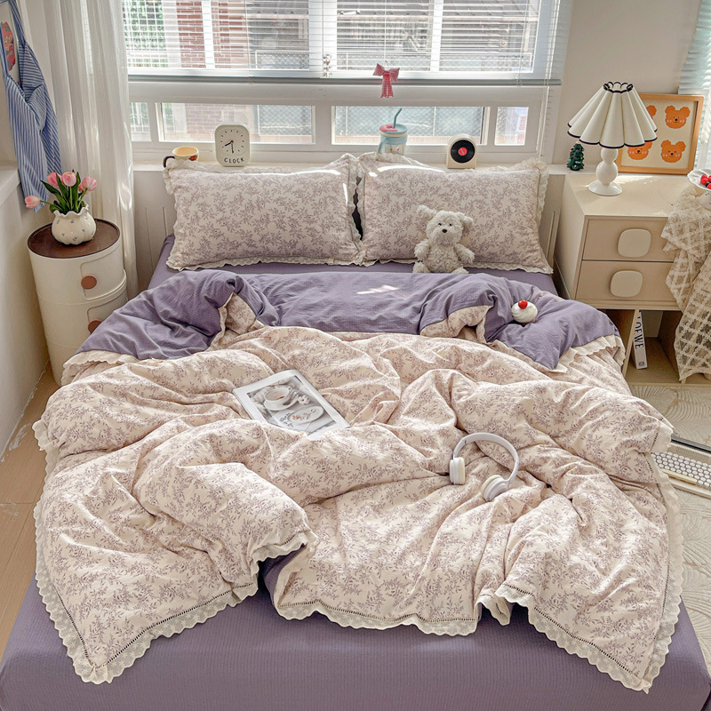 Cama de hilo de doble capa floral de clase A, juego de cuatro piezas, sábanas de algodón de algodón, funda de edredón, ropa de cama, dormitorio de estudiantes, juego de tres piezas 4