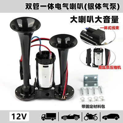 Car Horn 12V24V Universal Dual-Tube Air Pump 29cm Plastic Integrated Dual-Tube Air Horn Black and Silver
