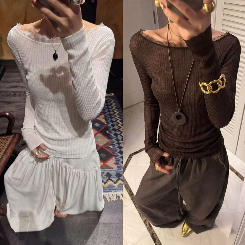 【Featured】Yuran 26 Spring/Summer New Merino Ultra-fine Wool Eyelash Lace Off-Shoulder Long-Sleeve Knit Sweater 【Featured】Yuran 26 Spring/Summer New Merino Ultra-fine Wool Eyelash Lace Off-Shoulder Long-Sleeve Knit Sweater