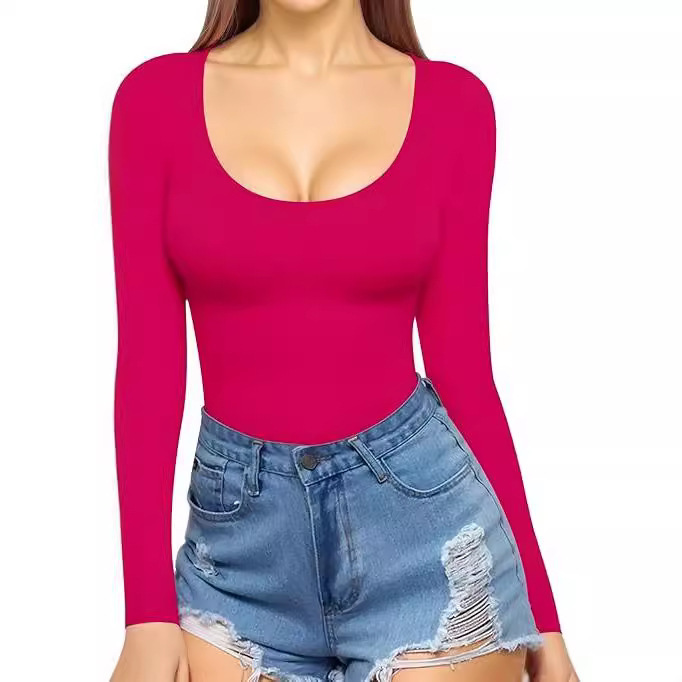 2024 Amazon European and American Women's Low-Cut Long Sleeve Sexy Slim Fit T-Shirt Waist-Tie Top European and American Style