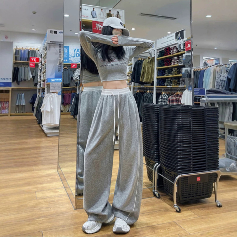 American-Style Gray Sports Casual Pants for Women 2026 New Drawstring Elastic Waist Wide-Leg Sweatpants Loose Straight-Leg Casual Pants American-Style Gray Sports Casual Pants for Women 2026 New Drawstring Elastic Waist Wide-Leg Sweatpants Loose Straight-Leg Casual Pants