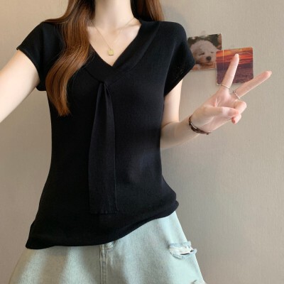Áo dệt kim cổ V tay ngắn phong cách Pháp thanh lịch — màu đen