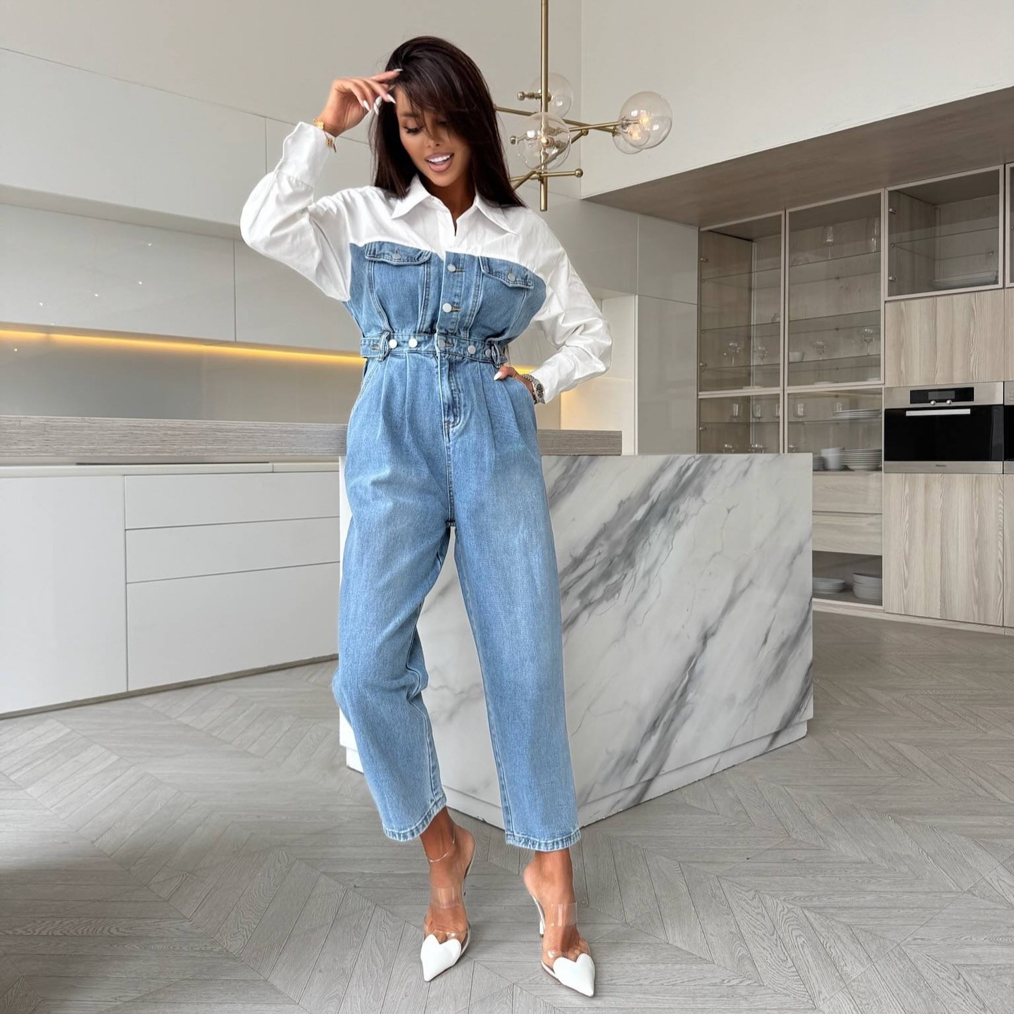 Ins Niche Design Shirt Collar Splicing Denim Jumpsuit Women's V Neck High Waist Jumpsuit Jeans Export Wholesale