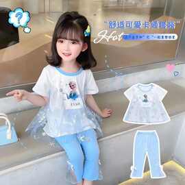 2026新款夏季女童套装卡通可爱公主短袖T恤中小童两件套女宝宝潮