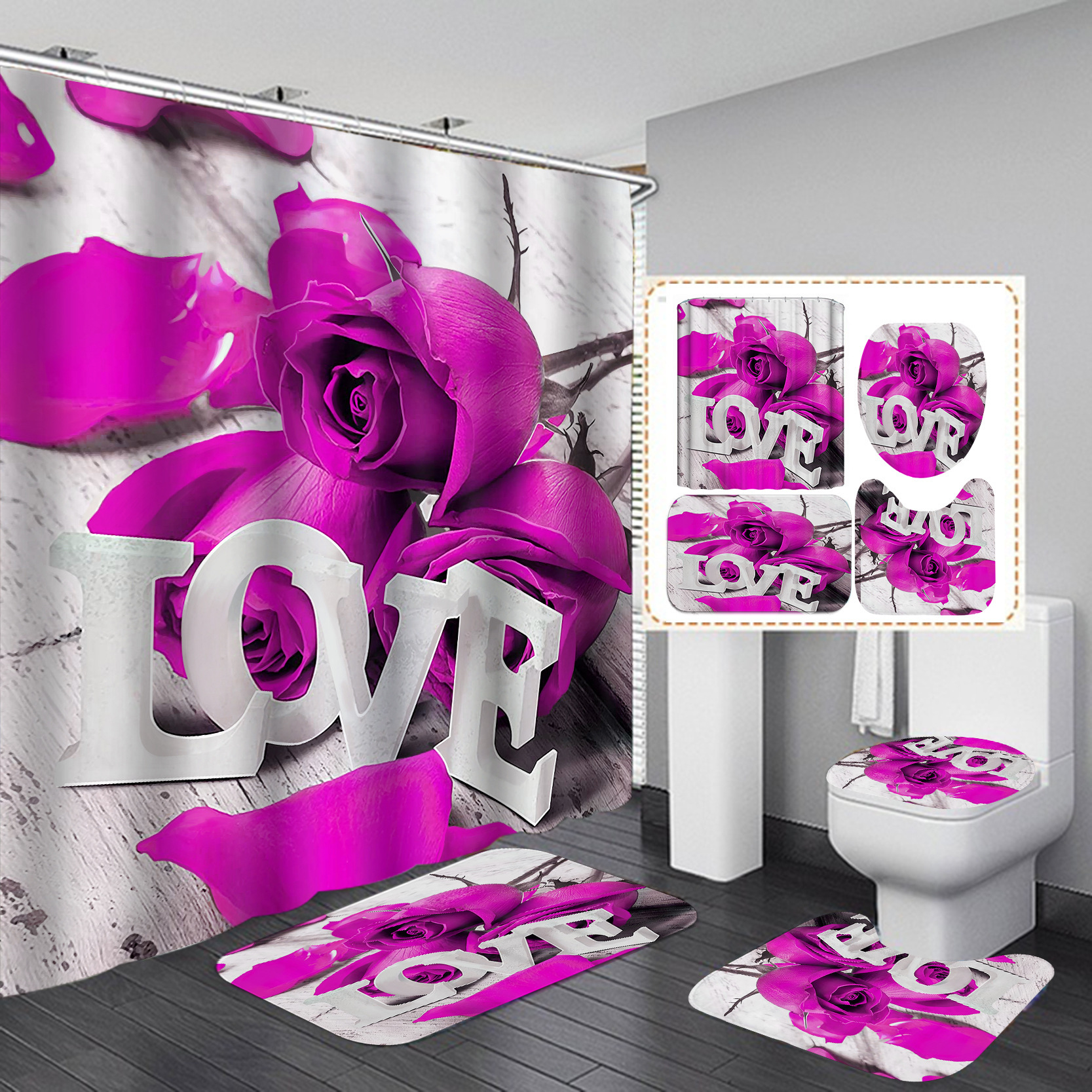 Cortina de baño impermeable y seca rápida, almohadilla de inodoro, baño transfronterizo, conjunto de cuatro piezas, cortina de aislamiento de baño antideslizante impresa en rosa image 34