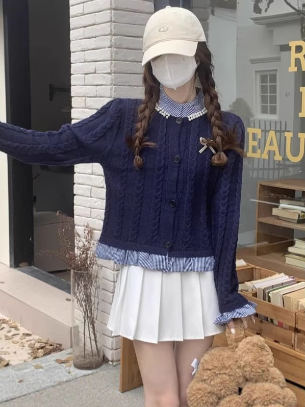 纯欲蝴蝶结假两件木耳边女秋季珍珠设计感针织衫短款拼色长袖上衣|undefined