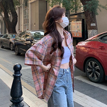 2025夏季新款休闲格子衬衫女装宽松短袖衬衣撞色上衣潮日系复古外