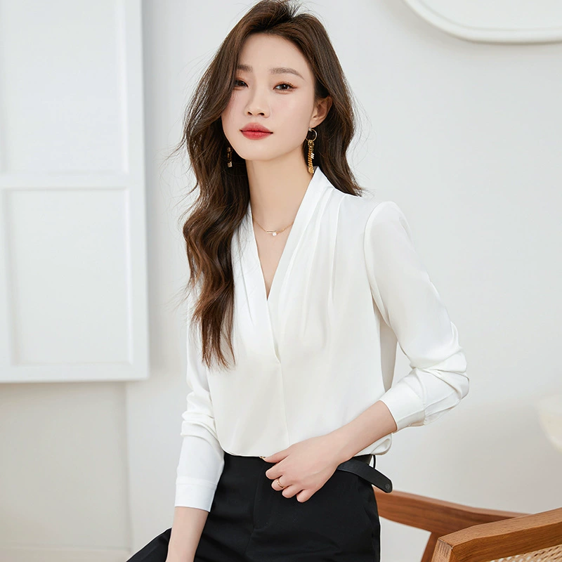 Шифоновая белая рубашка с V-образным вырезом, женская рубашка с длинными рукавами, Новая внутренняя рубашка Fortress Design Sense Профессиональный пригородный Топ