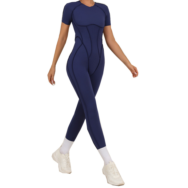 Transfronterizo europeo y americano otoño e invierno nuevo estilo tridimensional línea divisoria deportes ajustados de manga corta mono sin espalda pantalones de yoga de una pieza