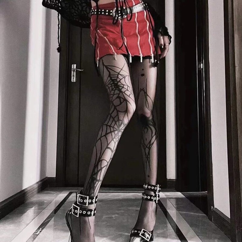 Halloween Eclipse Stockings Dark Gothic Style Black Silk Printed Spider Web Women's Any-Cut Pantyhose