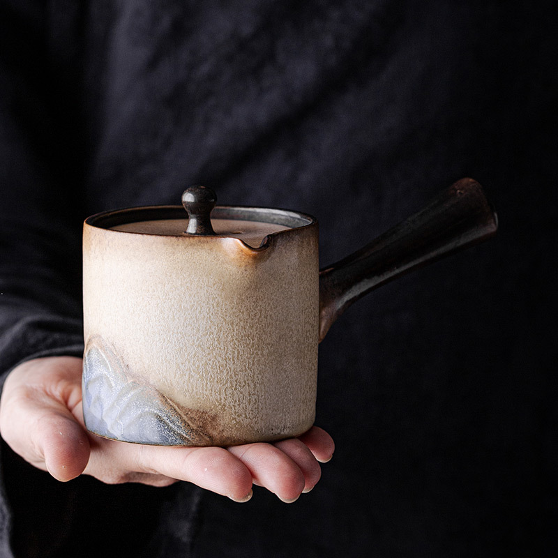 窑变苍山侧把茶壶家用复古陶瓷功夫茶具带过滤防烫手柄泡茶壶单壶