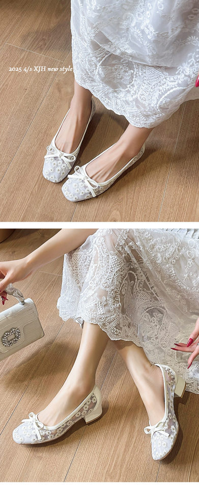 Giày búp bê nữ mũi vuông lưới thêu hoa, gót vừa 3–6 cm, thoáng khí — Màu trắng nhạt, màu hồng nhạt chi tiết 15