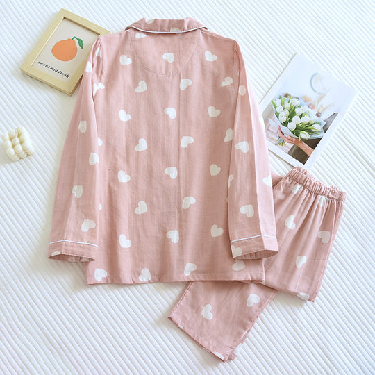 Korean style sweet spring and autumn cotton gauze pajamas women's thin cotton gauze home wear long sleeve trousers suit outer wear