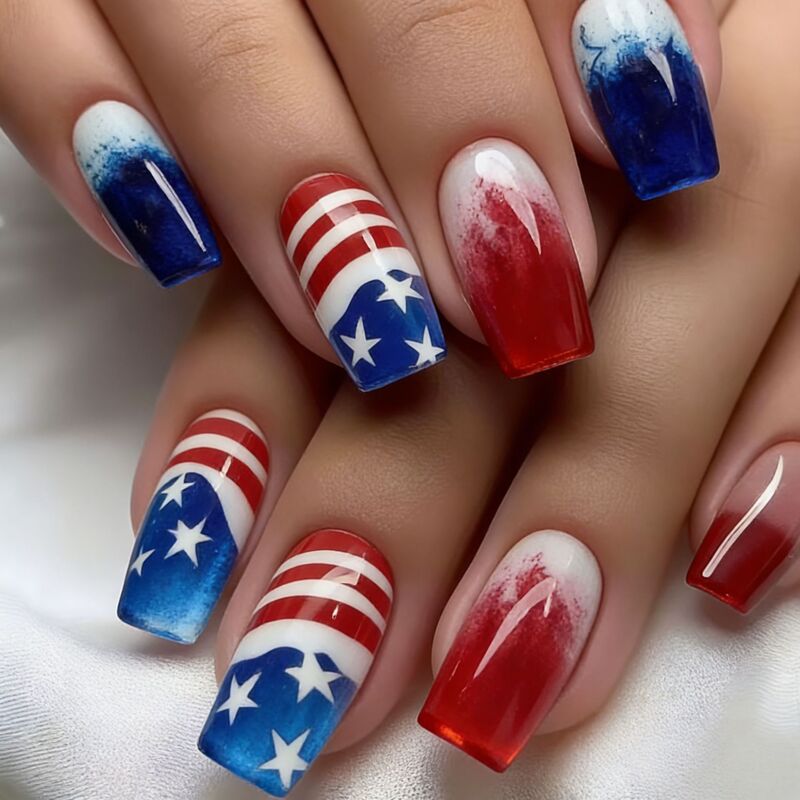 Independence Day American Flag Nail Art Design with Red, White, and Blue Gradient Stars and Stripes Fake Nail Tips Sj-16