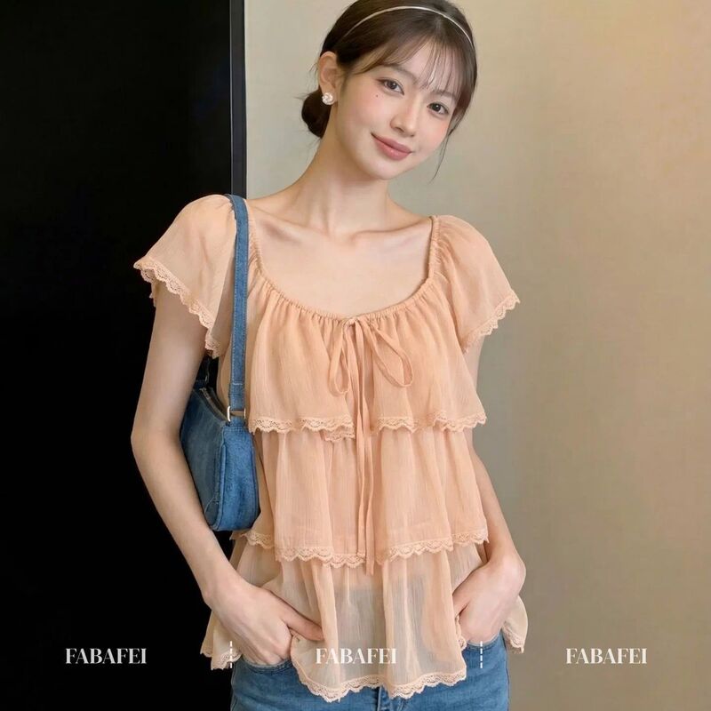 Gentle Pink Square-Neck Chiffon Blouse for Women, Summer Style, Lace Trim, Sleeveless Top with Tie Bow Gentle Pink Square-Neck Chiffon Blouse for Women, Summer Style, Lace Trim, Sleeveless Top with Tie Bow