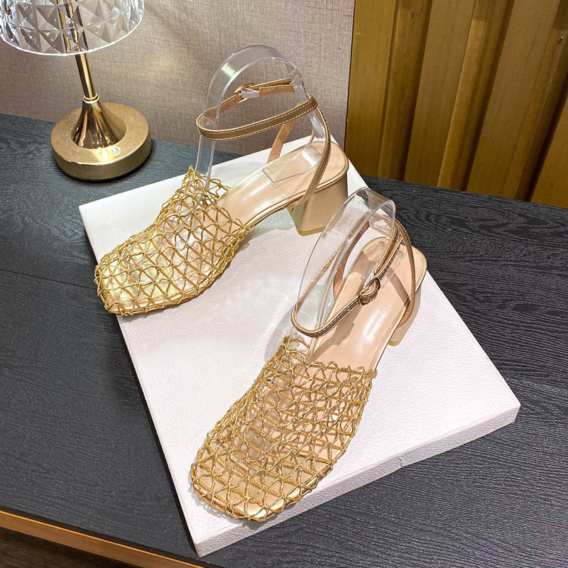 Cross-Border Hot-Selling Woven Mesh High-Heeled Sandals with Ankle Strap Design, Closed-Toe, Hollow-Out, Chunky Mid-Heel, Fashionable European and American Foreign Trade