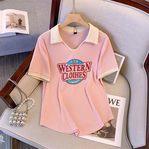 Women's 2025 Summer Polo Collar Regular Shoulder Short Sleeve Letter T-Shirt for Plus Size Loose and Slimming Top Trendy