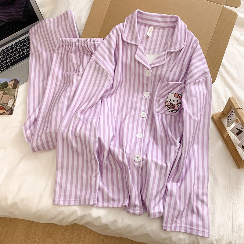 Al por mayor transfronterizo pijamas de terciopelo de mujeres otoño y invierno nuevos cardigans dulces dibujos animados rayas pantalones de manga larga ropa para el hogar