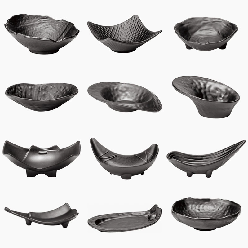 Японский стиль профилированного диска черный искусственно-меламиновый суши-блюдо для барбекю, утолщенная стойкая к размату тарелка