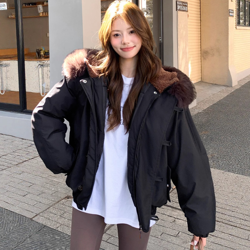 羽绒棉服女工装派克服毛领连帽牛角扣外套冬季2025宽松加厚保暖|undefined