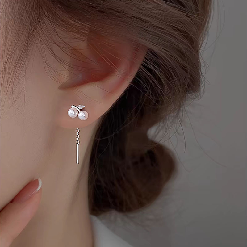 S925 cereza de plata esterlina línea de orejas para mujeres ligero lujo nicho diseño de pendientes agujeros de orejas temperamento simple nuevo perla pendientes