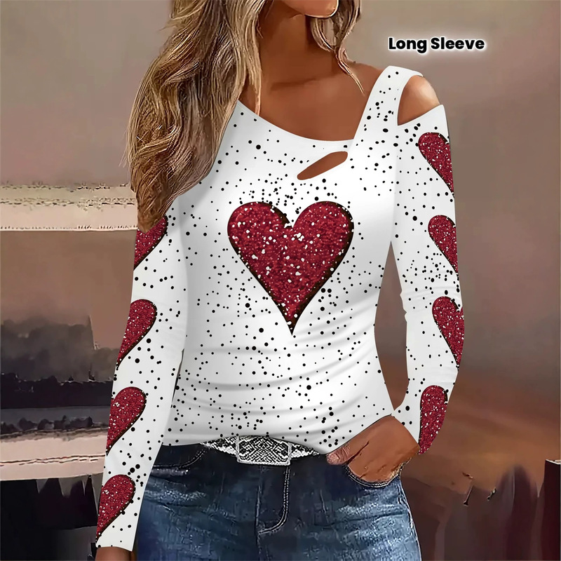 Heart-print long-sleeve T-shirt for women with cold shoulder and off-shoulder design, new cross-border fashion casual women's clothing