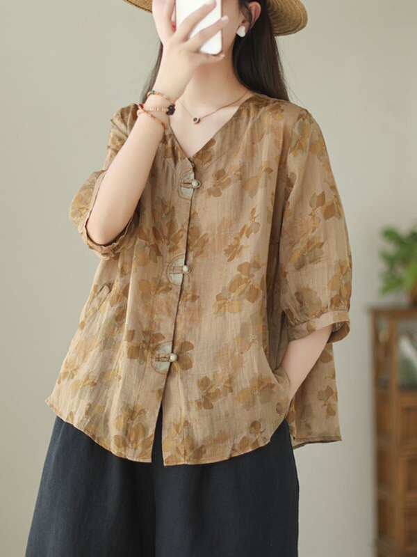 Women's Cotton and Linen Tops, High-End Linen Summer Plus-Size Shirts That Cover the Body and Make You Look Slimmer, Fashionable and Elegant for Middle-Aged Moms