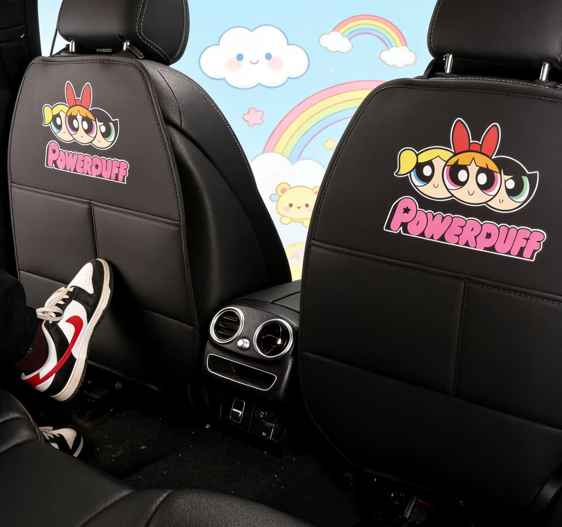 Powerpuff Girls Cute Cartoon Car Seat Back Anti-Kick Pad, Car Rear Seat Anti-Dirt Pad with Storage Bag