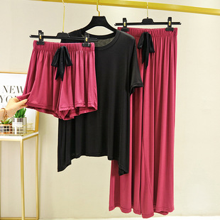 Kim Korean Loose Modal T-shirt Casual Pants Three-piece Suit Women's Summer Large Size Simple Round Neck T-shirt Thin ins