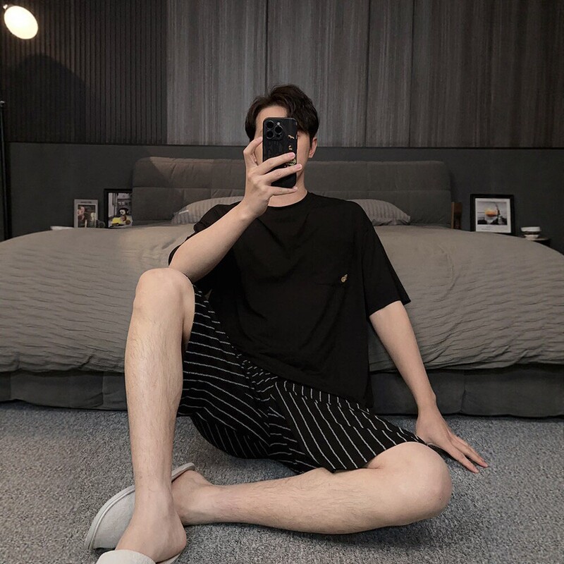 Men's Summer Thin Short-Sleeved Shorts Pajama Set Striped Modal Home Wear Casual Comfortable Ice Silk Cool Feeling Men's Summer Thin Short-Sleeved Shorts Pajama Set Striped Modal Home Wear Casual Comfortable Ice Silk Cool Feeling