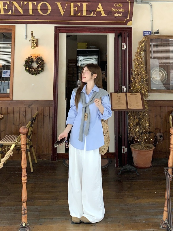 漂亮韩系蓝色翻领衬衫女早秋新品宽松休闲裤阔腿长裤时尚套装|undefined