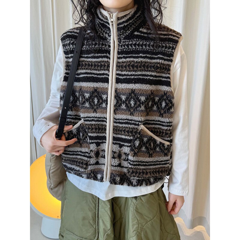 Louvre Winter New Korean Retro Style Pattern Polar Fleece Stand Collar Lamb Wool Vest Layered Slimming Look Top for Women