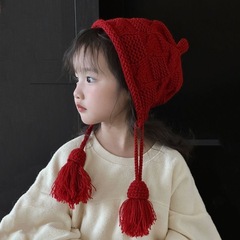 新年红色帽子儿童秋冬保暖毛线流苏套头帽手工针织护耳帽日系ins