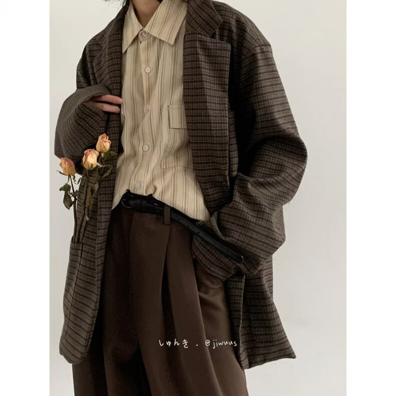 Autumn and Winter suit Japanese Style Retro Fine Pattern Suit for Boys and Girls Hong Kong Style Loose Casual Small Suit Jacket Coat Trendy